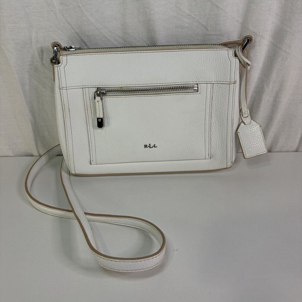 Lauren Ralph Lauren White Pebbled FauxLeather Crossbody Bag Purse RLL Silver Zip
